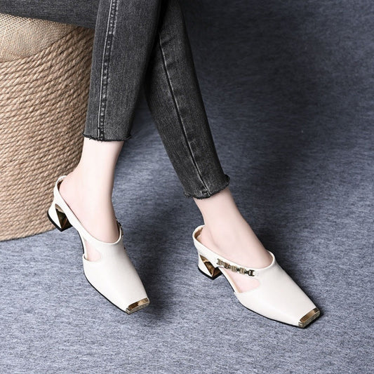 🌟Damen Casual Metall Quadratische Zehe Mittlerer Blockabsatz Mules