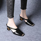 🌟Damen Casual Metall Quadratische Zehe Mittlerer Blockabsatz Mules