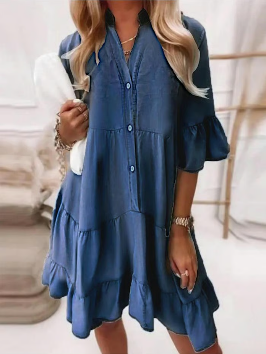 👗Sommerkleid mit Rüschenbesatz und V-Ausschnitt – Leichter Denim-Look