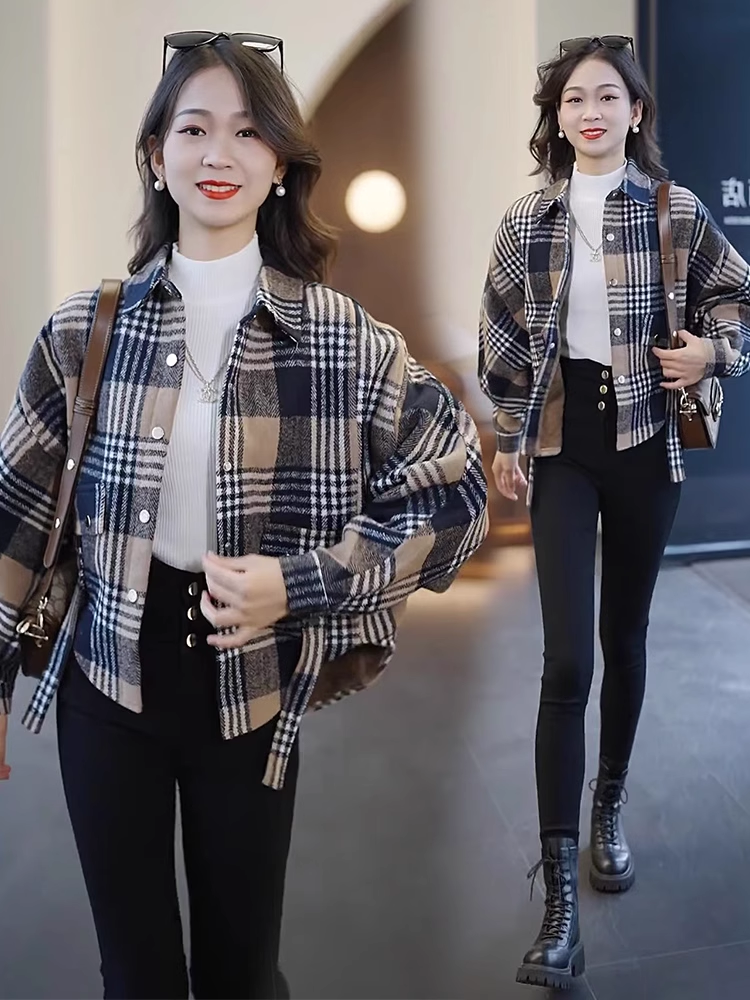 Karierte Hemdjacke aus Samt im koreanischen Stil