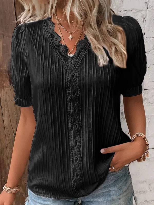 V Ausschnitt Schlichtes Spitze Elegantes Shirt