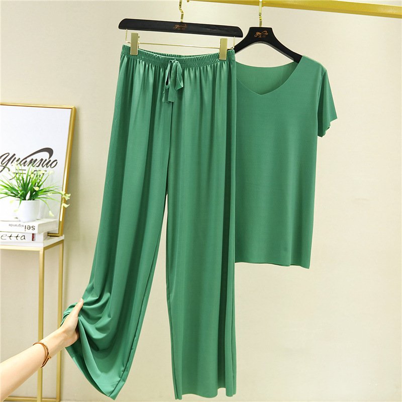 Soft Comfortable Ice Silk Short Sleeve T-Shirt Two Piece Set Loose Wide-leg Pants