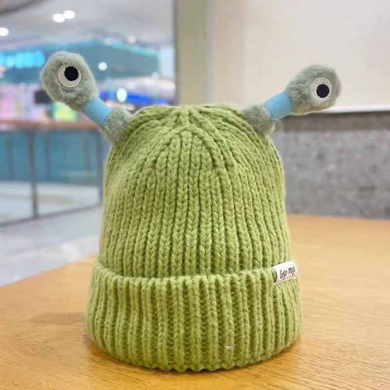 Winter-Eltern-Kind-Strickmütze mit niedlichem, leuchtendem kleinem Monster